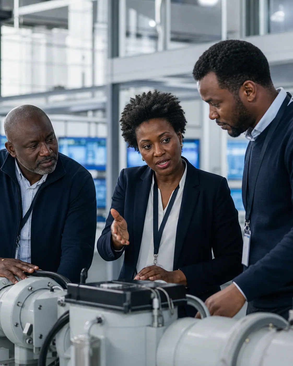 African energy and technology consultants reviewing physical infrastructure at an operations facility