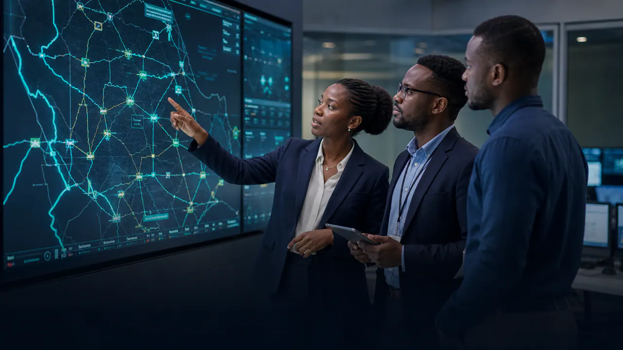 African energy and technology professionals reviewing grid operations