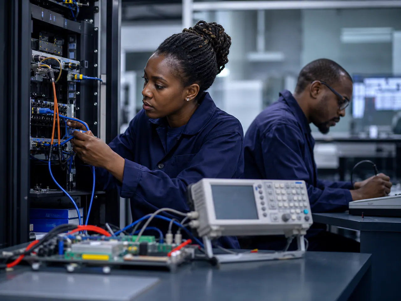 African engineers reviewing industrial systems at an operations facility