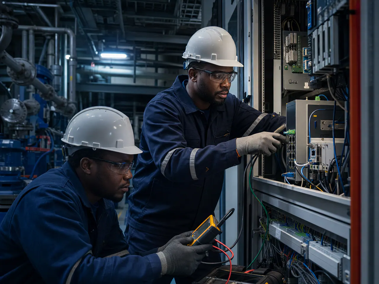 African integration specialists inspecting a controlled infrastructure environment